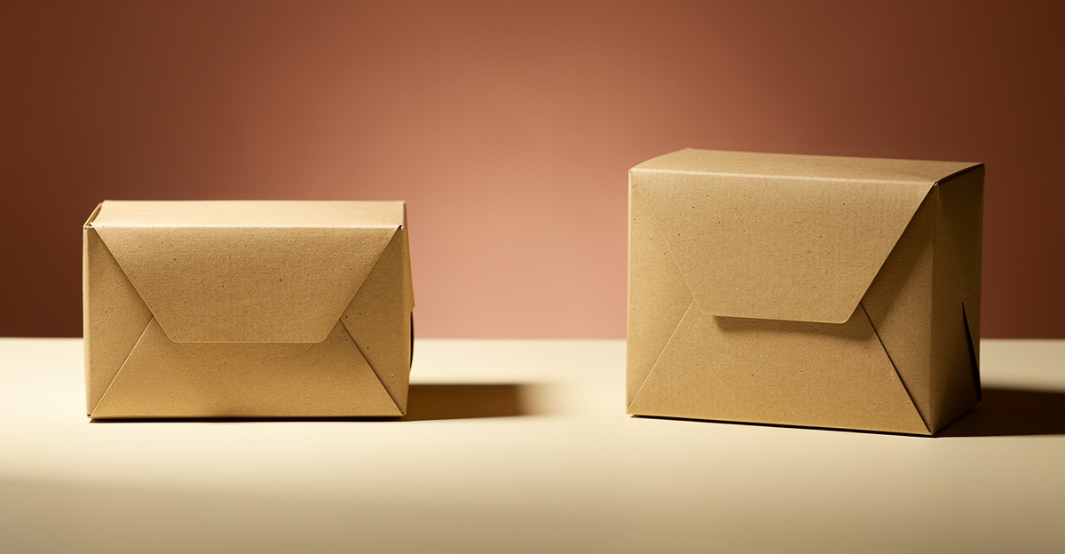 Two kraft parcels on opposite sides of a warm cream surface with a gap between them, representing a choice between two selling channels