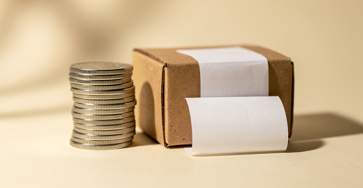 A stack of coins beside a kraft box and a folded paper receipt on a warm cream surface, representing the layered cost of running a Shopify store