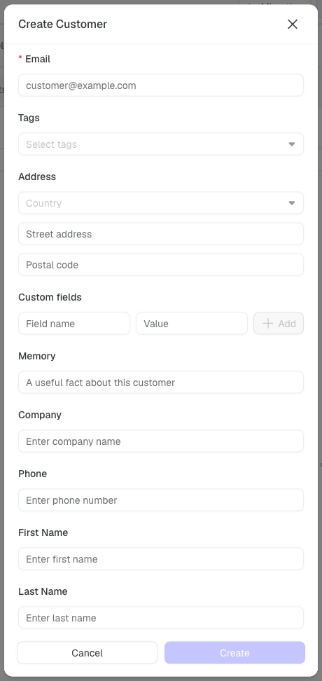 Leerer Dialog zum Erstellen eines Kunden mit erforderlicher E-Mail-Adresse