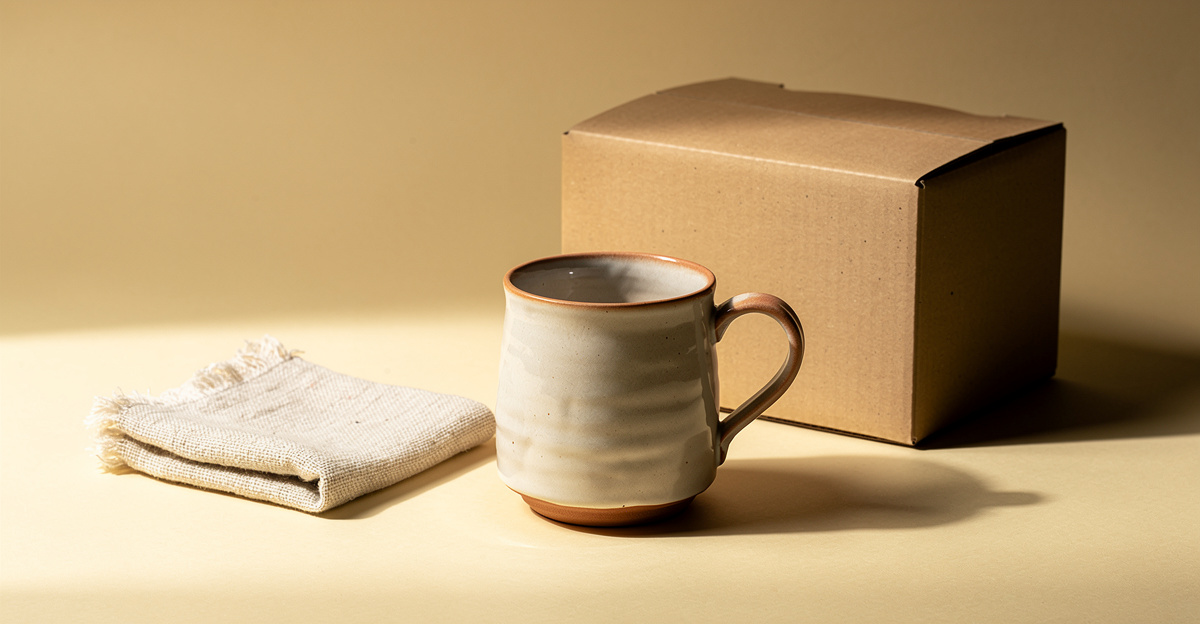 A handmade ceramic mug and folded linen textile beside a kraft mailing box, representing handmade goods prepared for shipping