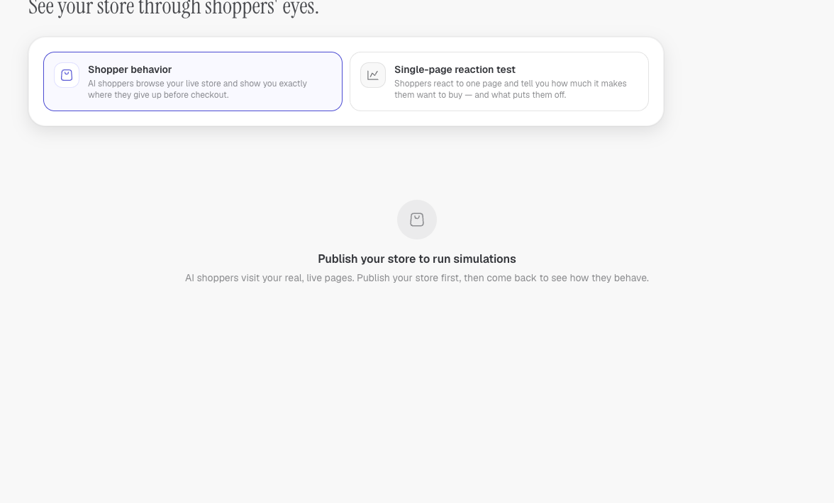 Shopper and page simulations require publication before a run. This setup screen does not contain completed journeys or results.