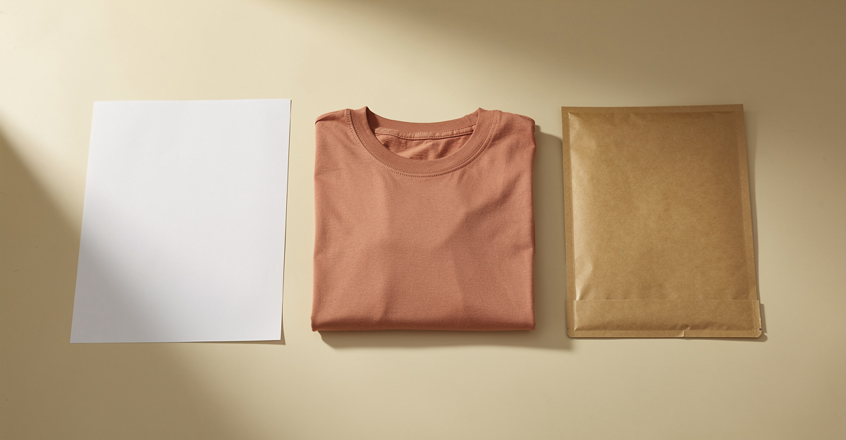 A folded plain cotton t-shirt beside a blank print sheet and kraft mailer, representing print-on-demand apparel fulfillment