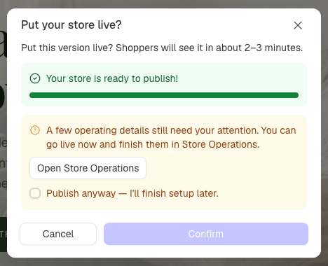 Une vérification de compilation réussie avec un avertissement de configuration et le bouton Confirmer désactivé