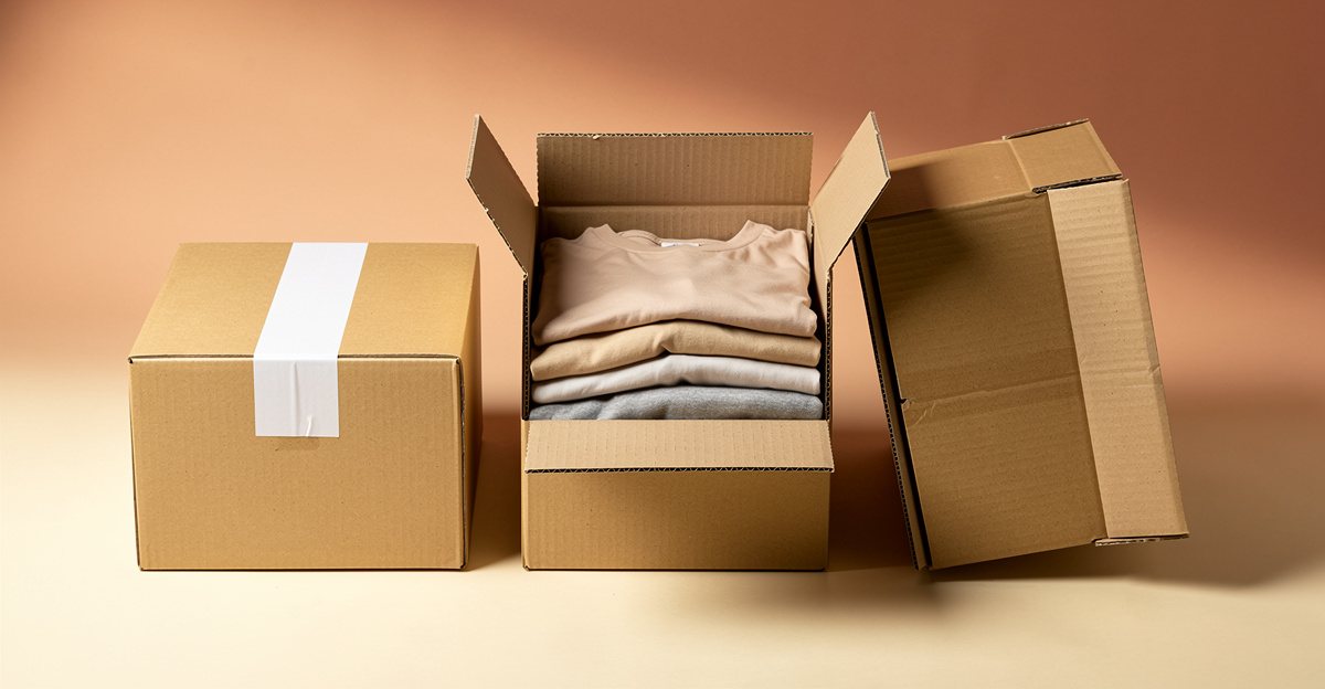 Three kraft shipping boxes on a warm cream backdrop — one sealed with a shipping label, one open showing folded apparel, one flat-packed — representing dropshipping, held inventory, and print-on-demand