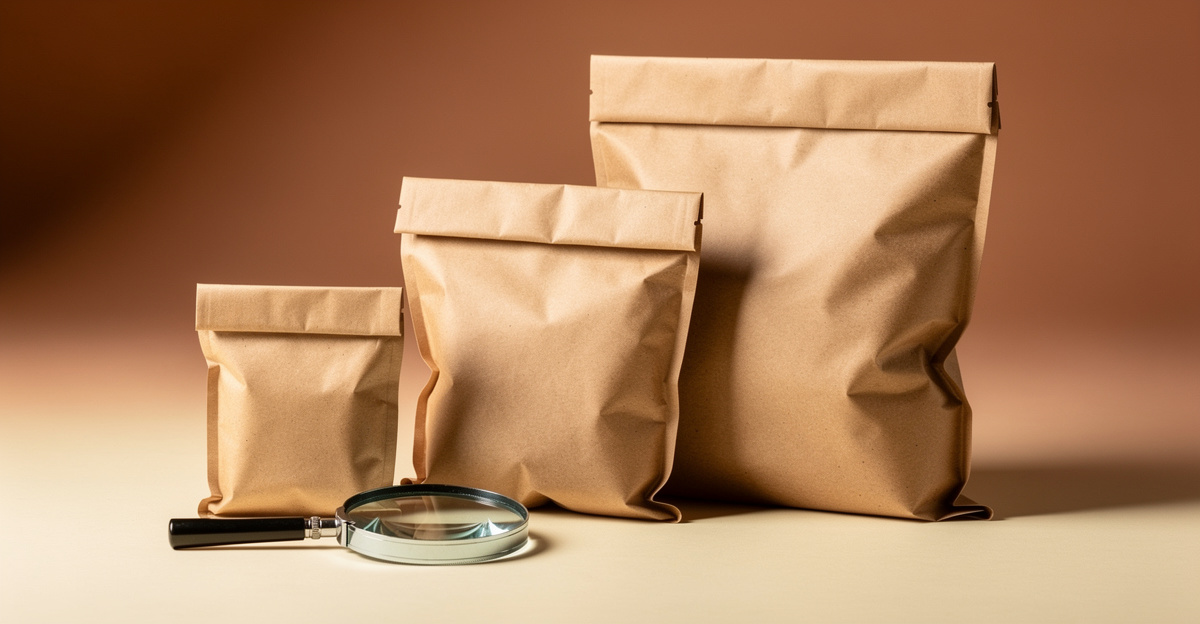 Three kraft sample parcels of different sizes beside a magnifying glass on a warm cream surface, representing supplier comparison and vetting
