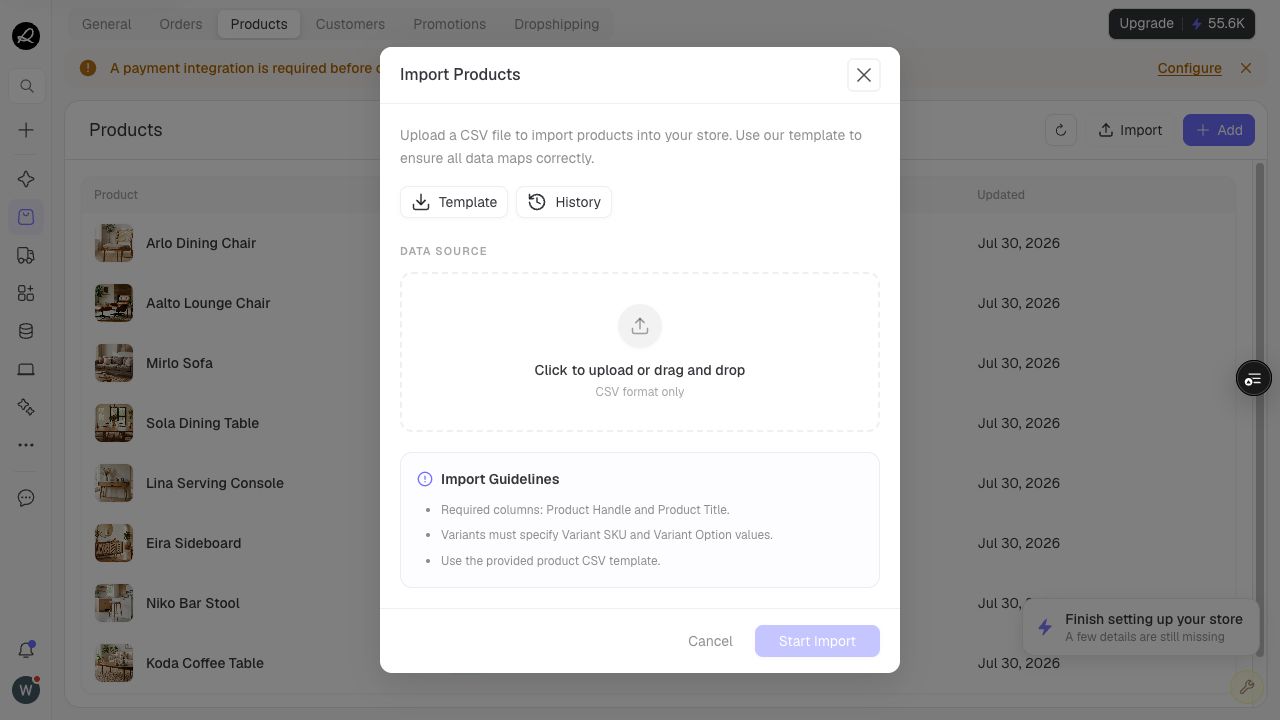 Import Products dialog