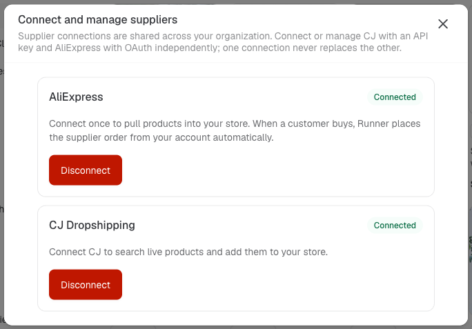 Diálogo de gestionar proveedores mostrando conexiones independientes de CJ Dropshipping y AliExpress