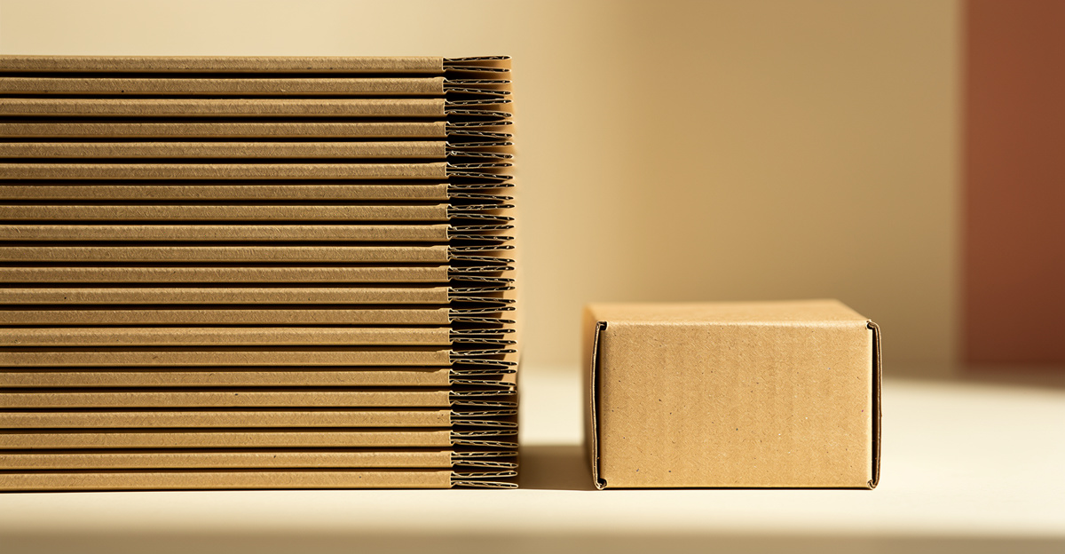 A tall stack of identical kraft boxes beside one single box on a warm cream surface, representing bulk wholesale versus individual retail sales