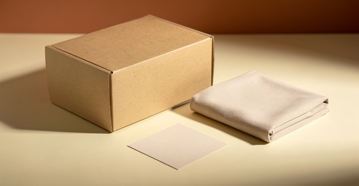 A kraft box beside a folded fabric swatch and a blank card on a warm cream surface, representing a choice between commerce depth and design