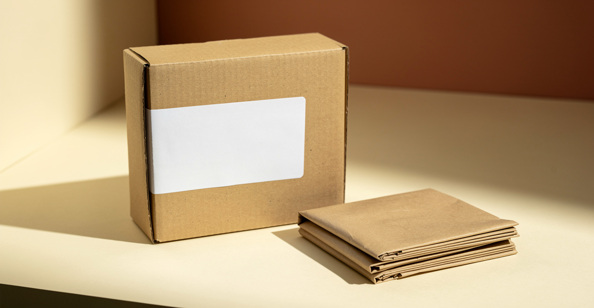 A kraft parcel with a plain shipping label beside folded packing paper on a warm cream surface, representing dropship order fulfillment