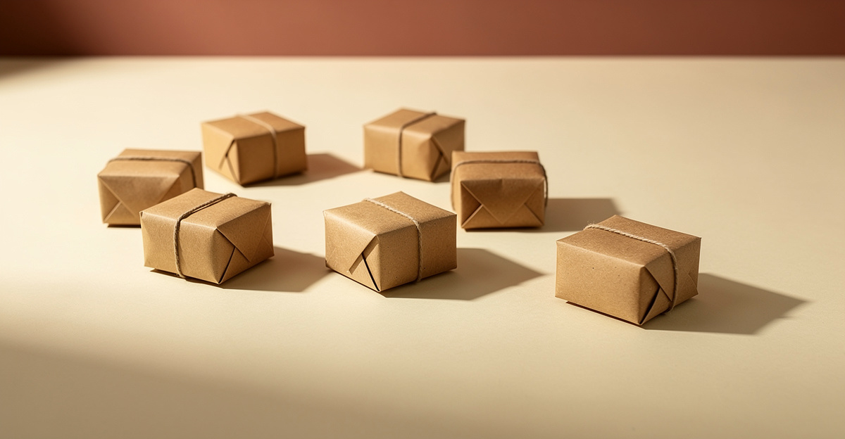 Small kraft parcels arranged in a loose circle with one set apart, representing the choice between selling channels