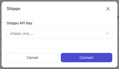 Boîte de dialogue de connexion Shippo avec un champ de clé API vide