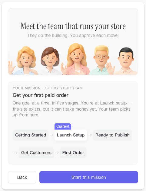 Revisa la primera misión y sus etapas de lanzamiento antes de elegir Iniciar esta misión. Esta vista es de configuración, no una misión activa.