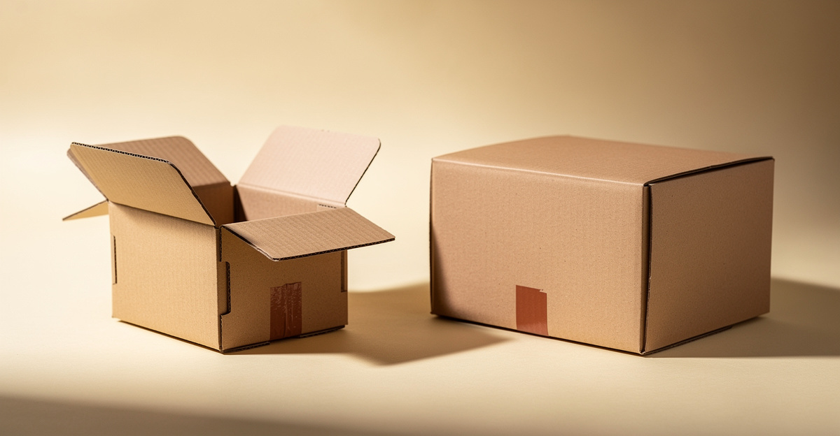 A flat-pack kraft box beside a fully assembled sealed box on a warm cream surface, representing self-managed versus managed platforms
