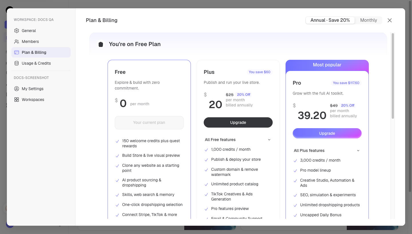 Plan and Billing settings comparing Runner plans and upgrade controls