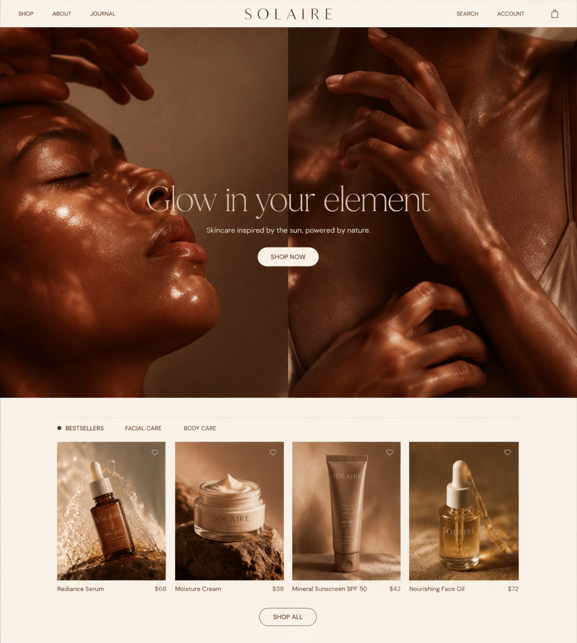 Página inicial da loja Solaire Skincare criada pelo Runner AI