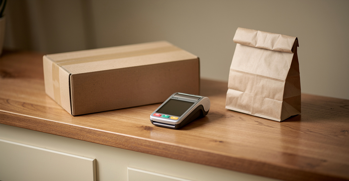 A small shop counter with a kraft box, card reader and paper bag in warm cream tones, representing a small business selling online