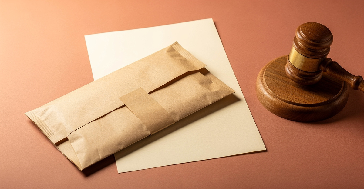 A sealed kraft mailer resting on a plain document beside a wooden gavel, representing the legal obligations that attach to an online seller