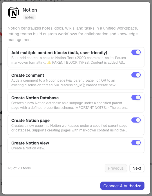 Notion-appdetails met afzonderlijke toolschakelaars en Verbinden en autoriseren