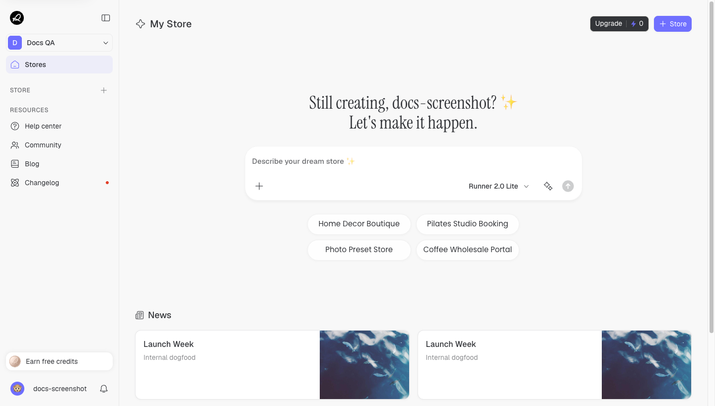 Runner workspace with Help center, Community, Blog, and Changelog links