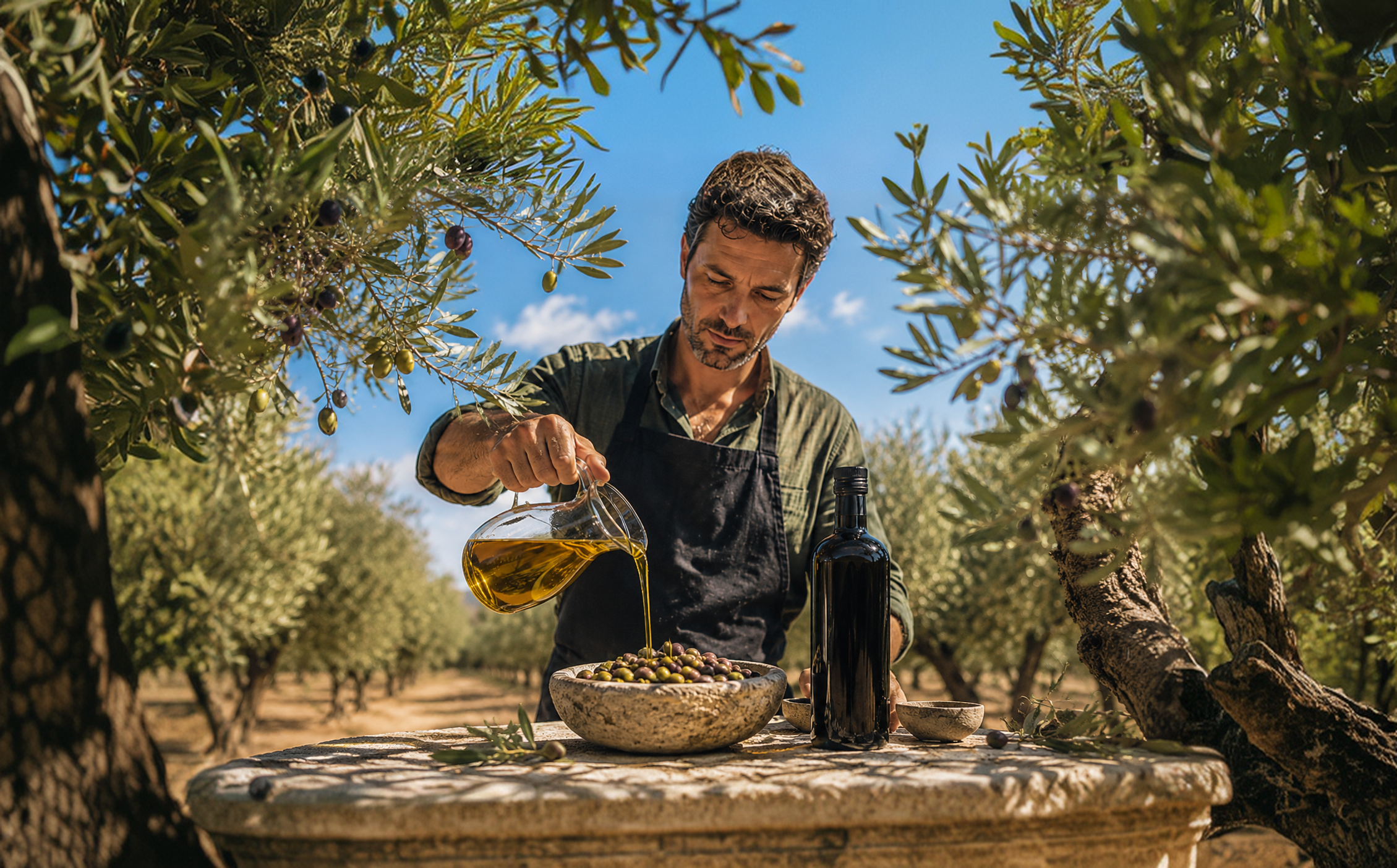 An olive grower pouring fresh olive oil beneath trees in a sunlit grove
