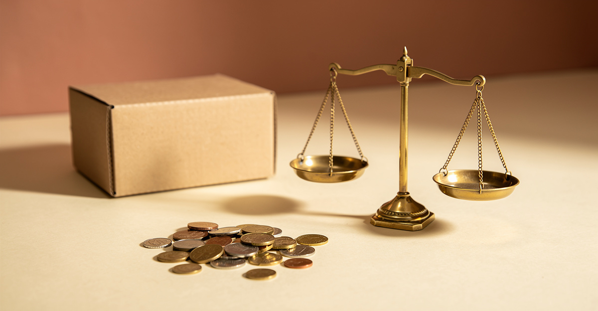 A brass balance scale beside a kraft box and coins on a warm cream surface, representing weighing cost against price