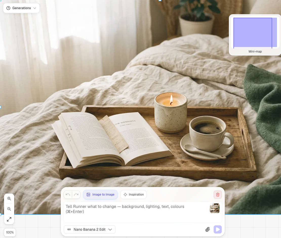 Un’immagine di esempio esistente è selezionata nell’area di lavoro, con prompt, modello e controlli Esegui. Controlla questi dati prima di avviare la generazione.